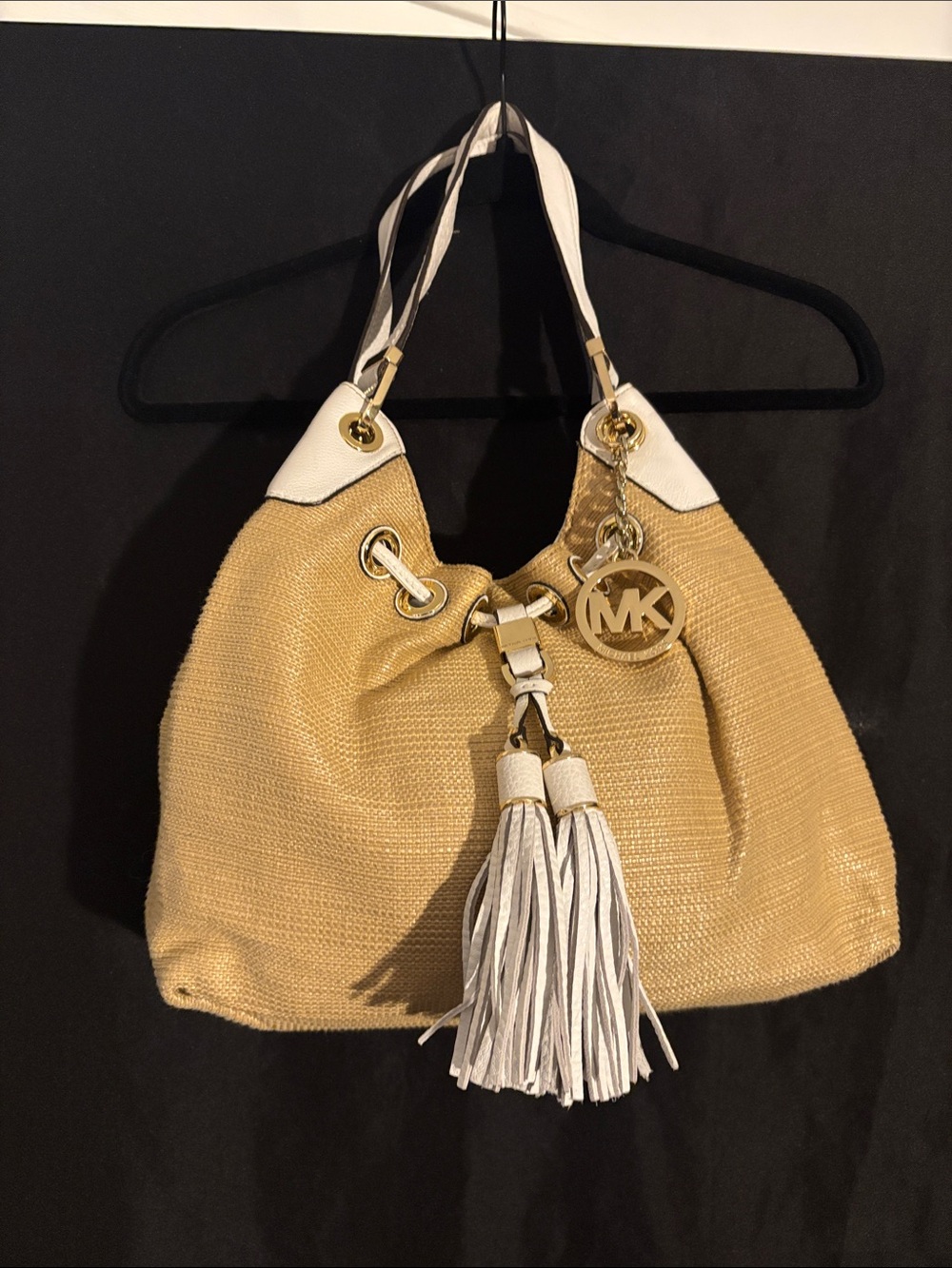 Michael Kors Yellow Straw Shoulder Hobo with White Trim